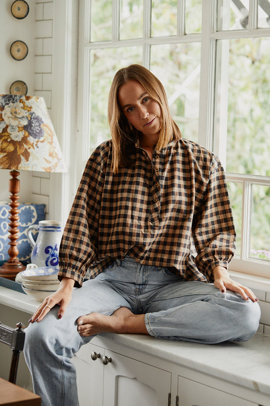 Soho blouse - Coffee Gingham